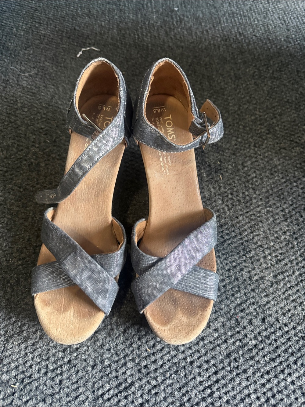 Toms Women's Black denim Crisscross Wedge Sandals with Ankle Strap